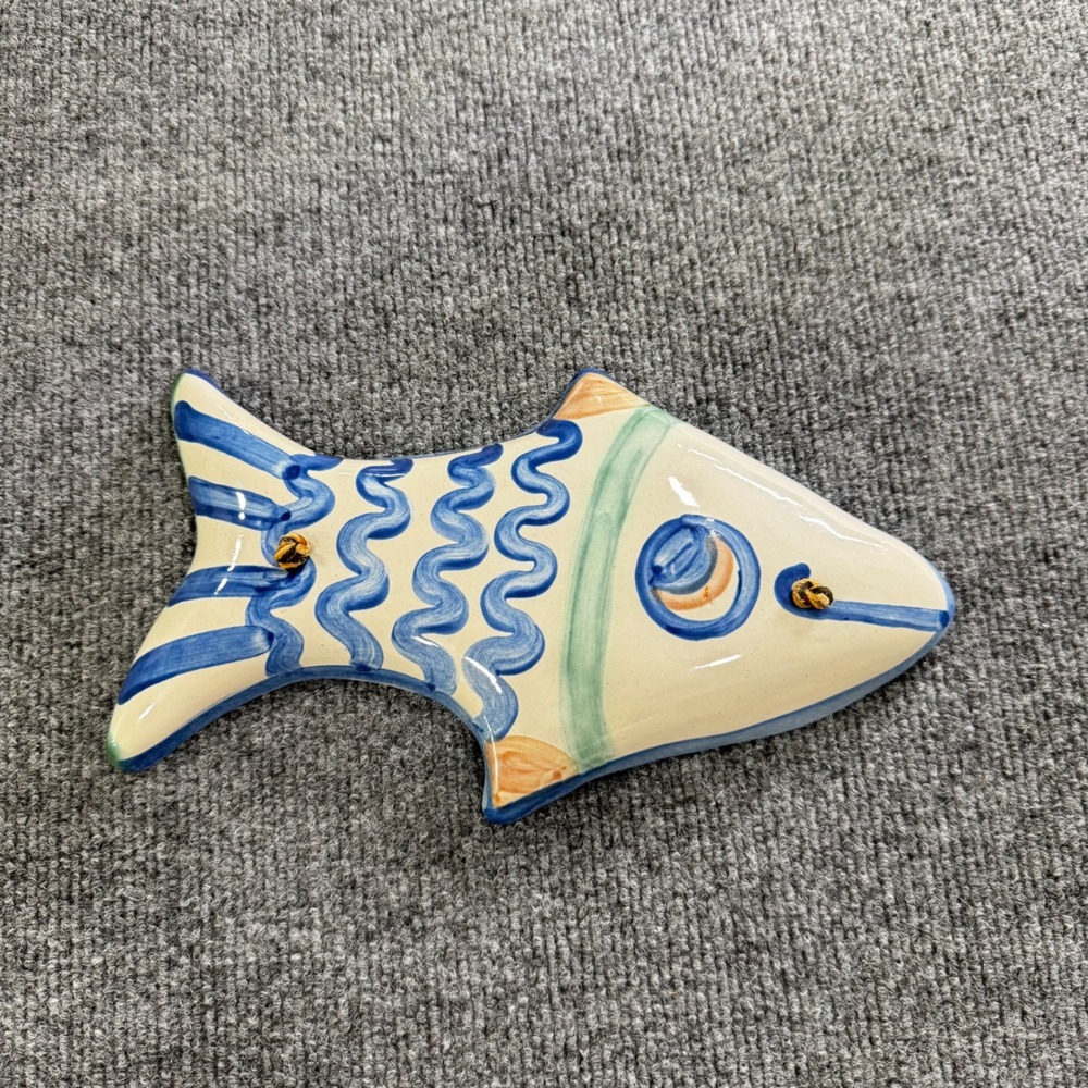MA Hadley Hand Painted Ceramic Fish Wall Hanging Signed Pottery Blue White